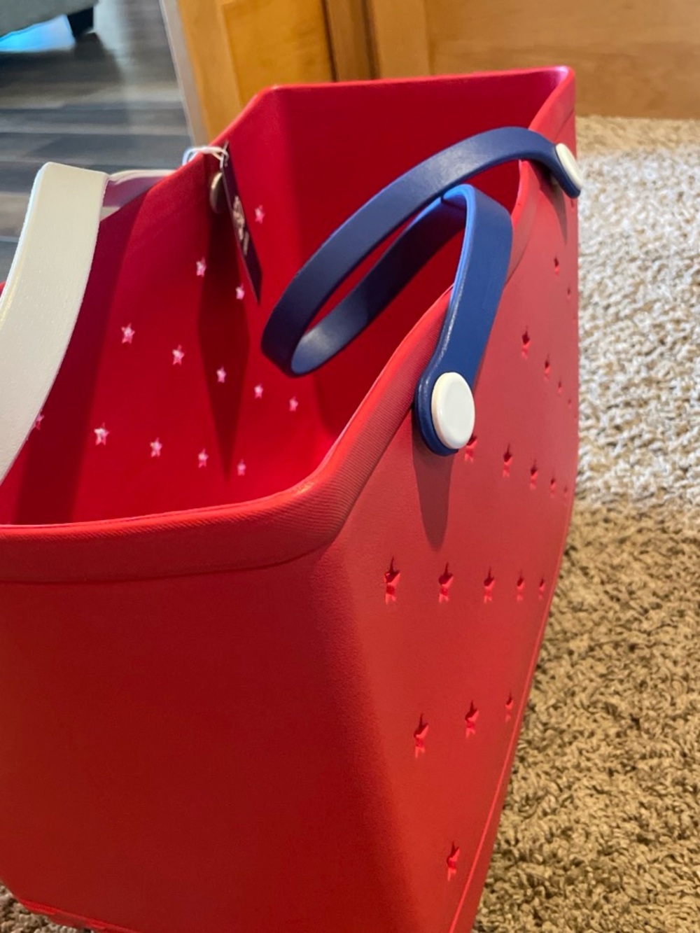 Red Star-Detail Tote Bag with Blue Handles
